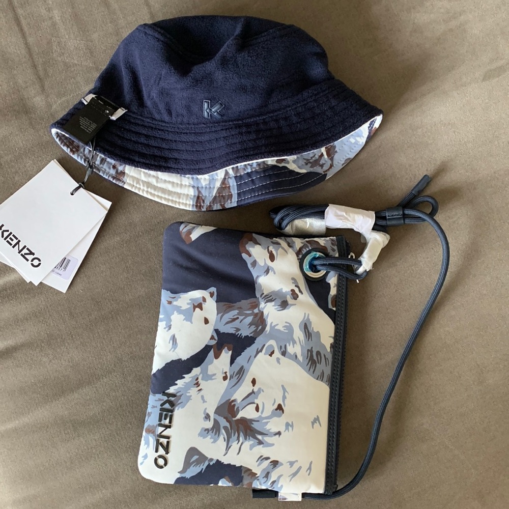 Kenzo reversible polar bear bucket hat and matching  'winter capsule" clutch.